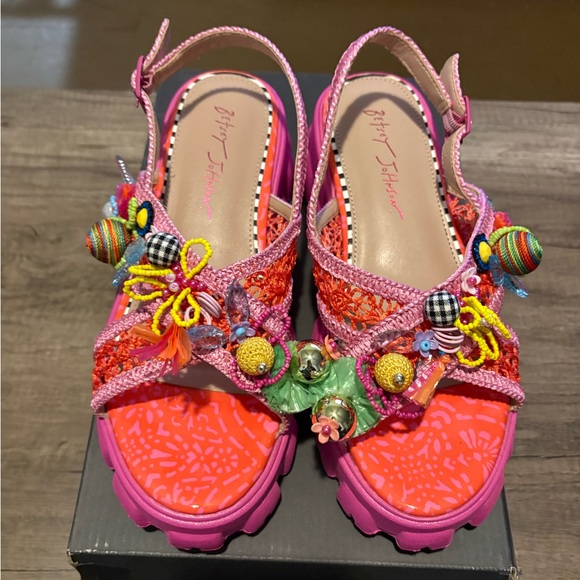 Betsey Johnson Colorful Charm Platform Sandals | Pink Multi Beaded | Size 8 - Picture 9 of 11